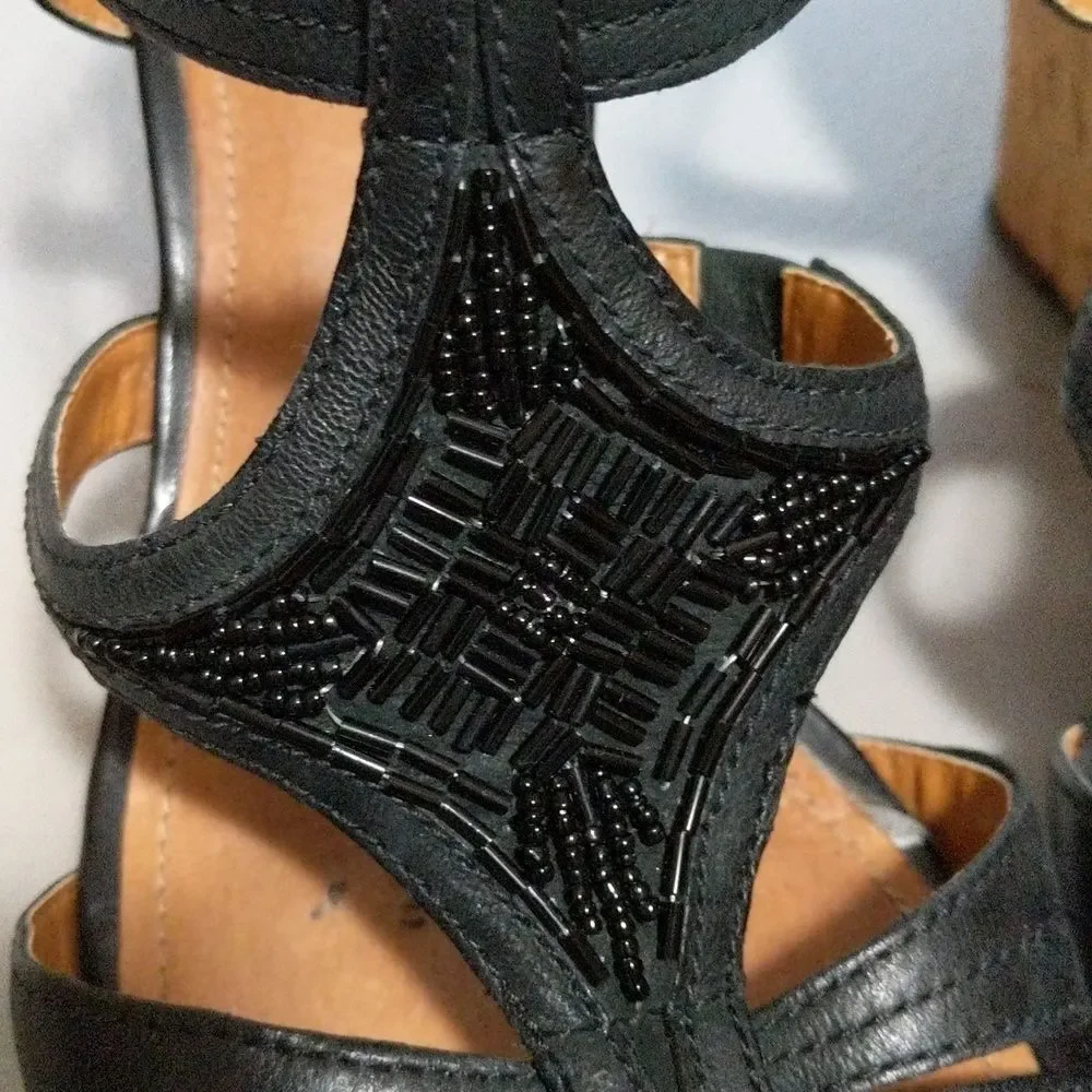Clark's Black leather sling back cork wedge strappy beaded sandals 10M